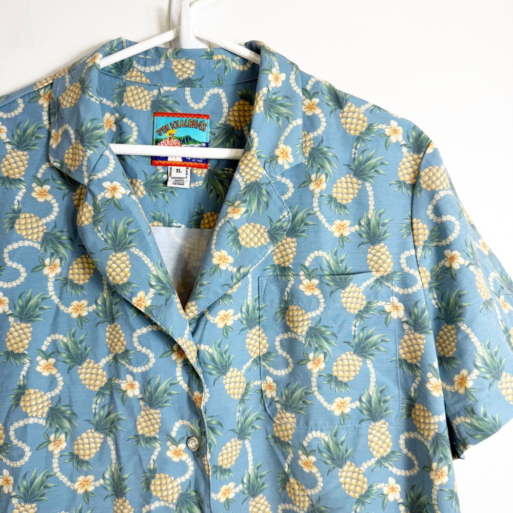 Reyn Spooner Joe Kealoha Shirt Women XL Blue Pineapple Lei Print Short Sleeve